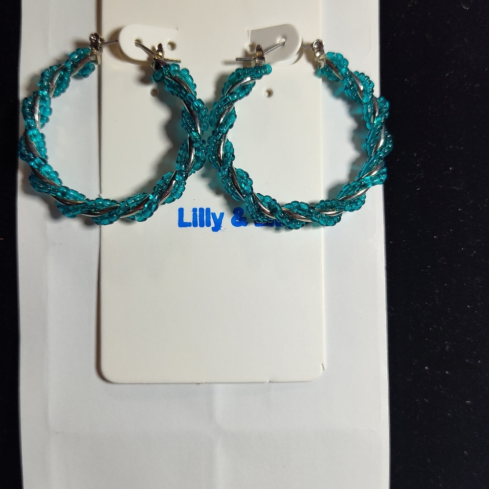 Teal Blue Bead Hoop Earrings